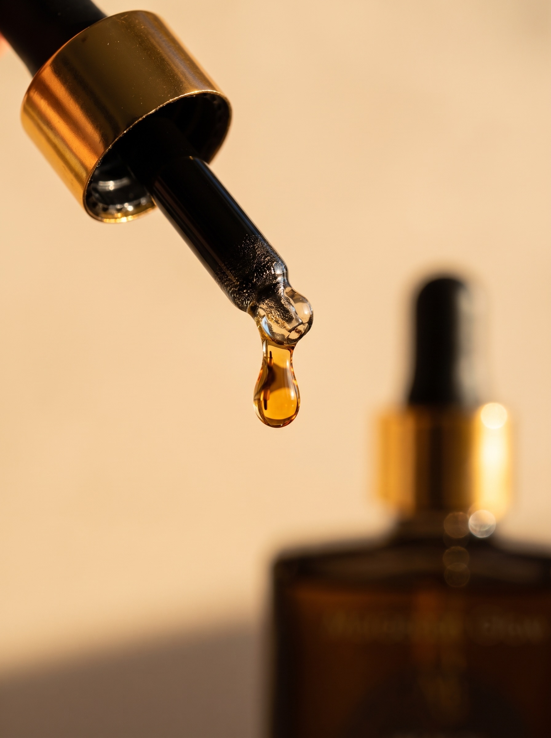 Goldener Öltropfen an der Pipette, im Hintergrund die unscharfe Arganölflasche